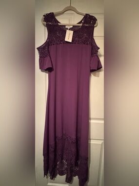 NWT Flycurvy Sz XL Purple Crochet Cold Shoulder Sleeve Maxi Dress w/ embroidery